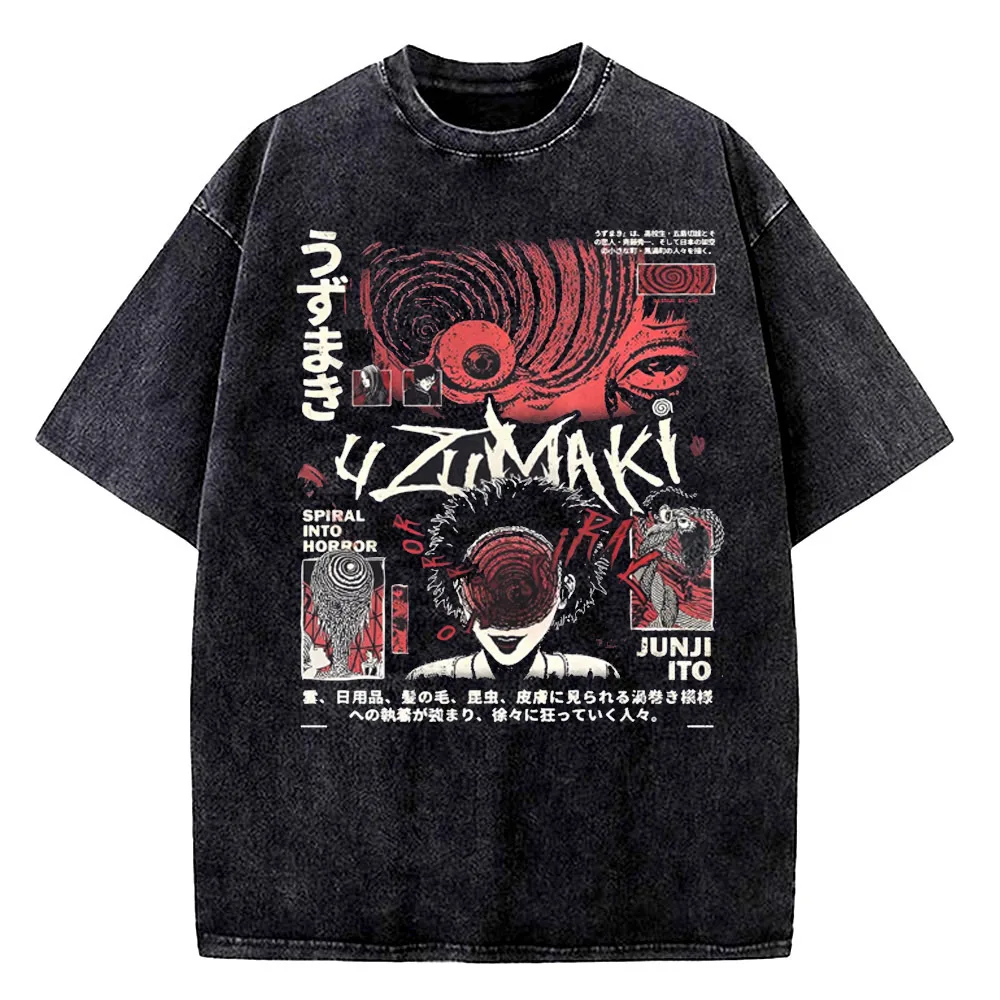Фото Футболка Junji Ito из хлопка в винтажном стиле, мужская, уличная мода, эстетика 2000-х, харадзюку, разноцветная, готика 80-х, дышащая №2