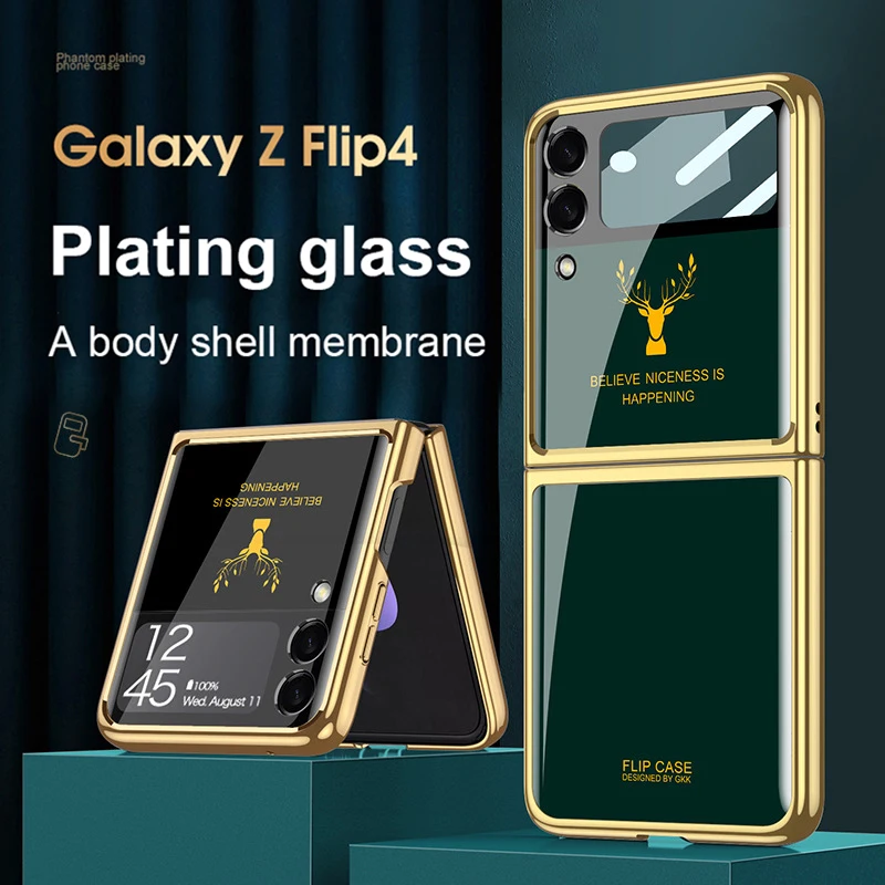 

Plating Frame 9H Tempered Glass Case For Samsung Galaxy Z Flip 4 5G Flip4 ZFlip4 Anti-drop Case Fashion Design Back Cover Gift