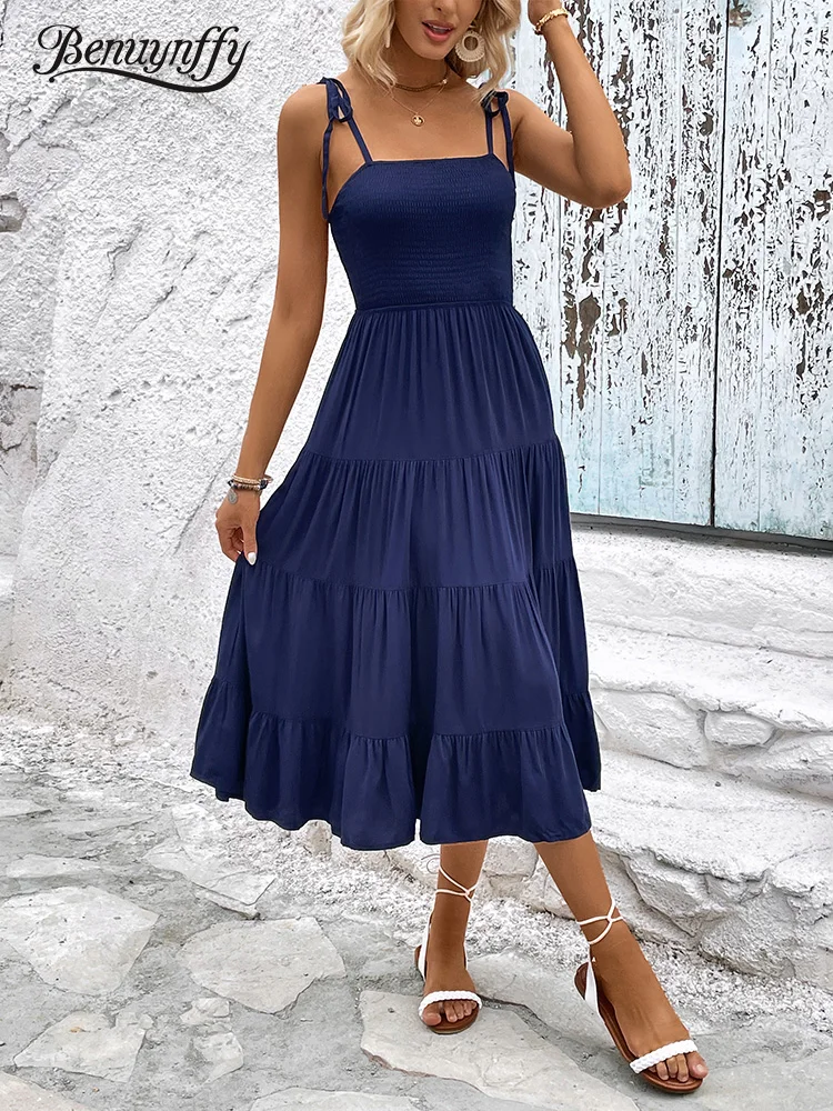 

Benuynffy Solid Tie Shoulder Shirred Ruffle Hem Cami Dress Women Vacation Beach Elegant High Waist Summer Long Dresses 2023 New