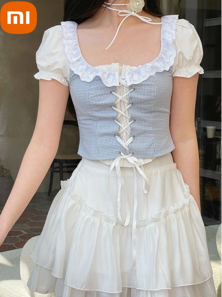 

Женская клетчатая рубашка Xiaomi Kawaii, кружевная Лоскутная винтажная милая блузка с пышными рукавами на шнуровке в Стиле Лолита, имитация двух ...
