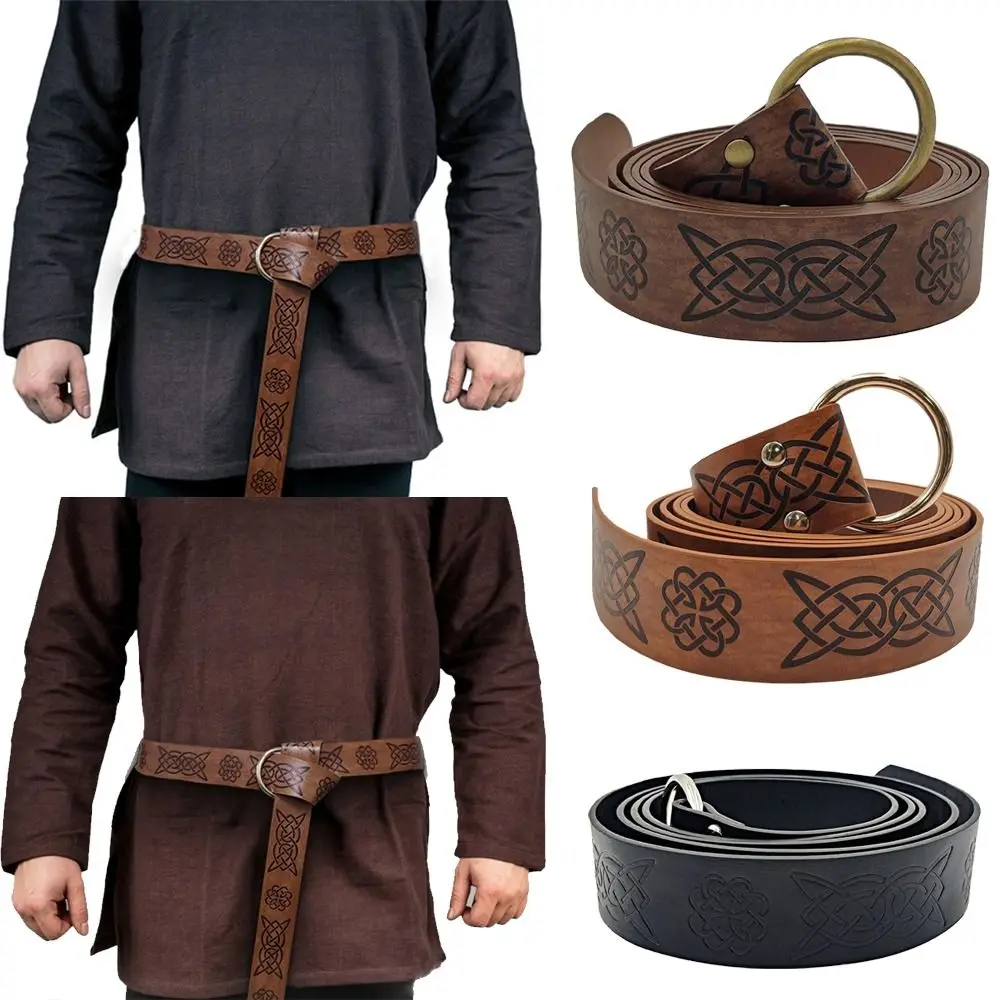 Retro Casual Cosplay Knight Belts Viking Vegvisir Pants Bands O Ring Buckle Waistband Medieval Embossed Leather Belt