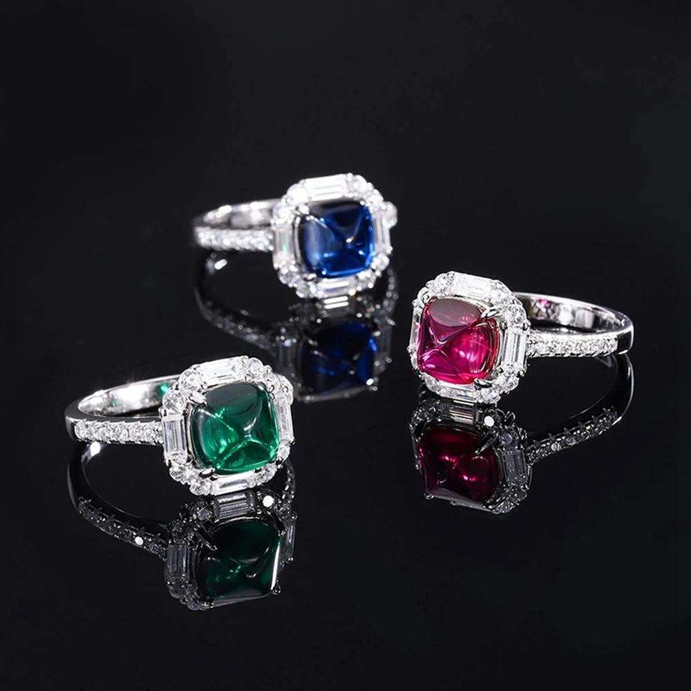 

WUIHA Luxury 925 Sterling Silver White Gold 8*8MM Emerald/Ruby Sapphire Faceted Gemstone Ring Anniversary Gift Jewelry Wholesale