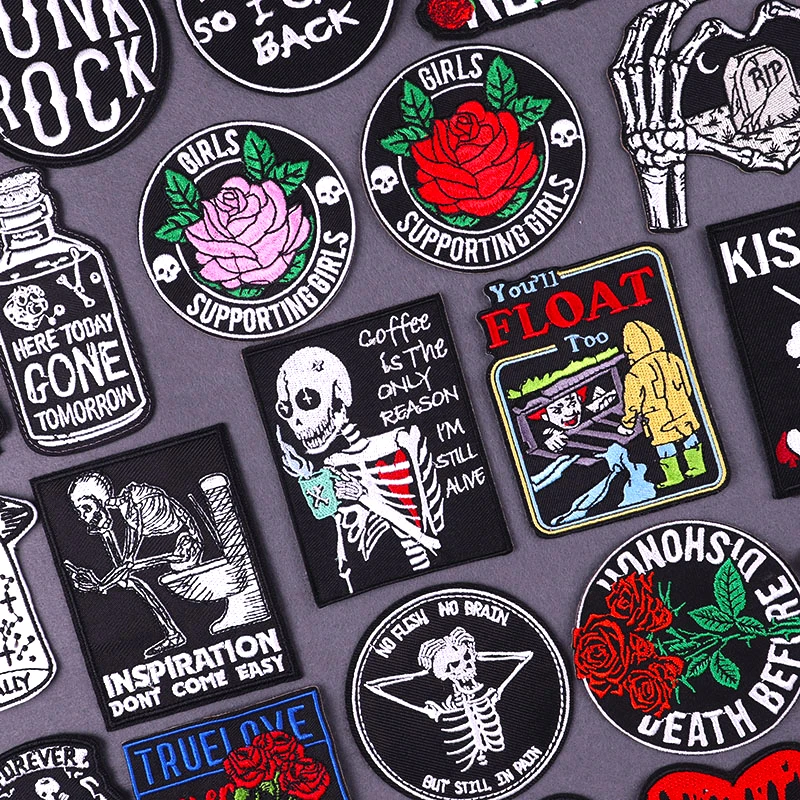 

Rose Skull Patch Iron On Patches On Clothes Punk Skeleton Embroidered Patches For Clothing Stickers DIY Hook Loop Patch Badges