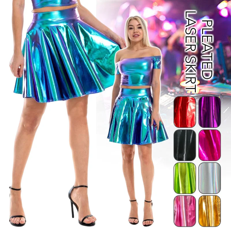 Women Sexy Laser High Waist Mini Skirt PU Leather Metallic JK Pleated Skirts Club Party Stage Dance Shiny Holographic Skirt Girl