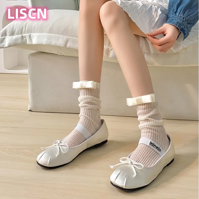 

LISCNJapanese Sweet Bow Socks Children's Black and White Thin Cotton Bottom Mid Tube Stacked Socks Pure Lust Girl JK Long Socks