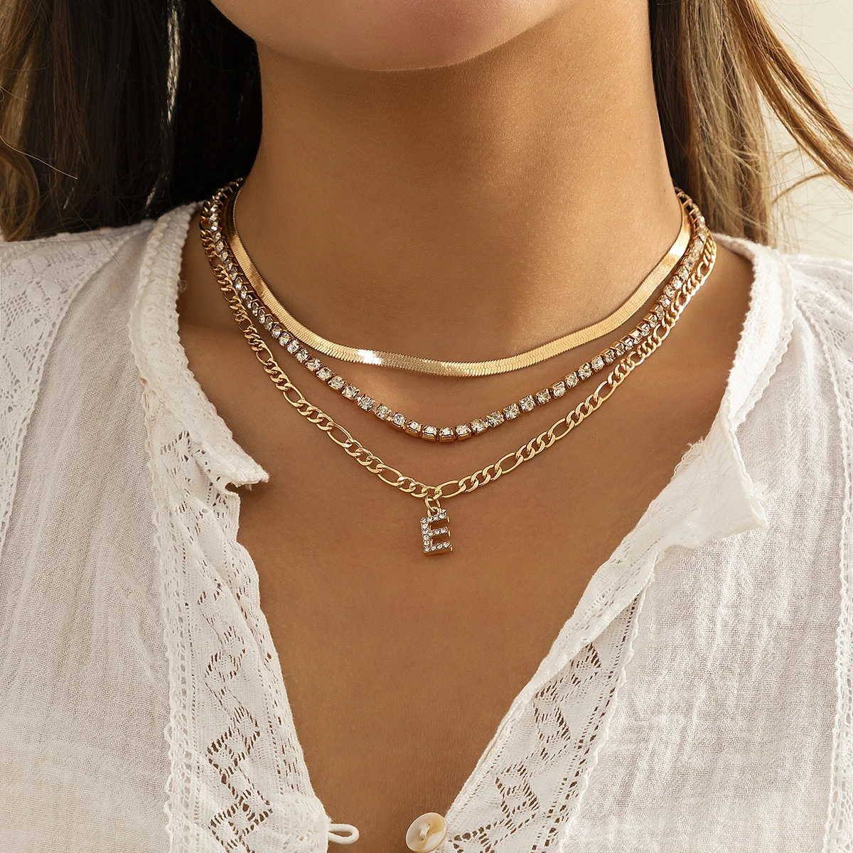 

Punk Flat Blade Snake Chain Choker Necklace For Women Full Rhinestone Initial Letter Pendant Collier Fashion Multilayer Jewelry