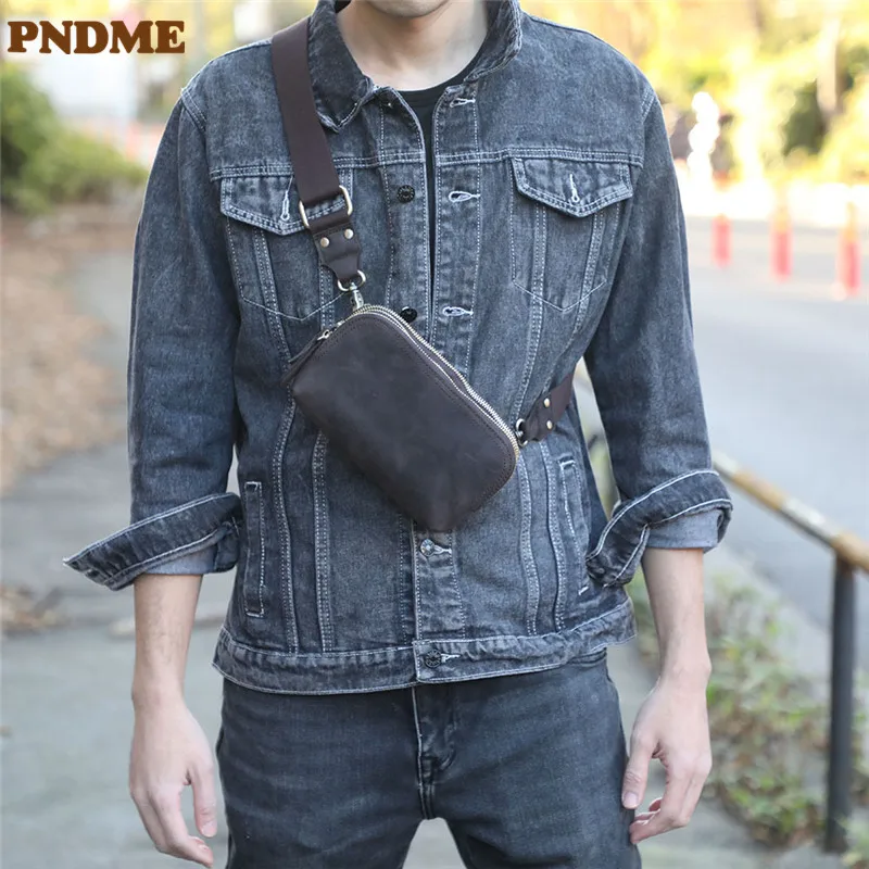 Vintage crazy horse cowhide men's multifunctional chest bag outdoor daily natural genuine leather shoulder messenger bag