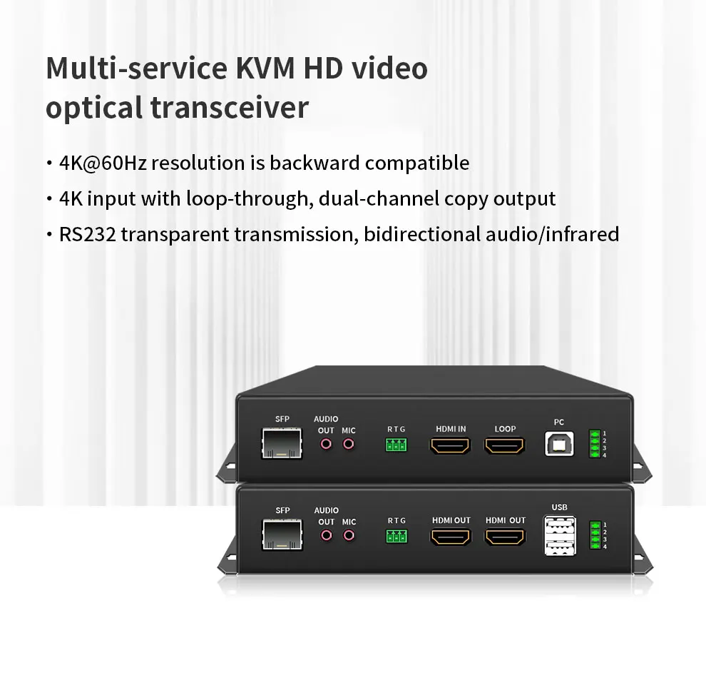 Комплект для передачи видео 4K60 по оптоволокну: KVM-удлинитель USB, поддержка аудио, ИК-канала и RS232 (art.: 3920d8a5333b2) - 3920d8a5333b2
