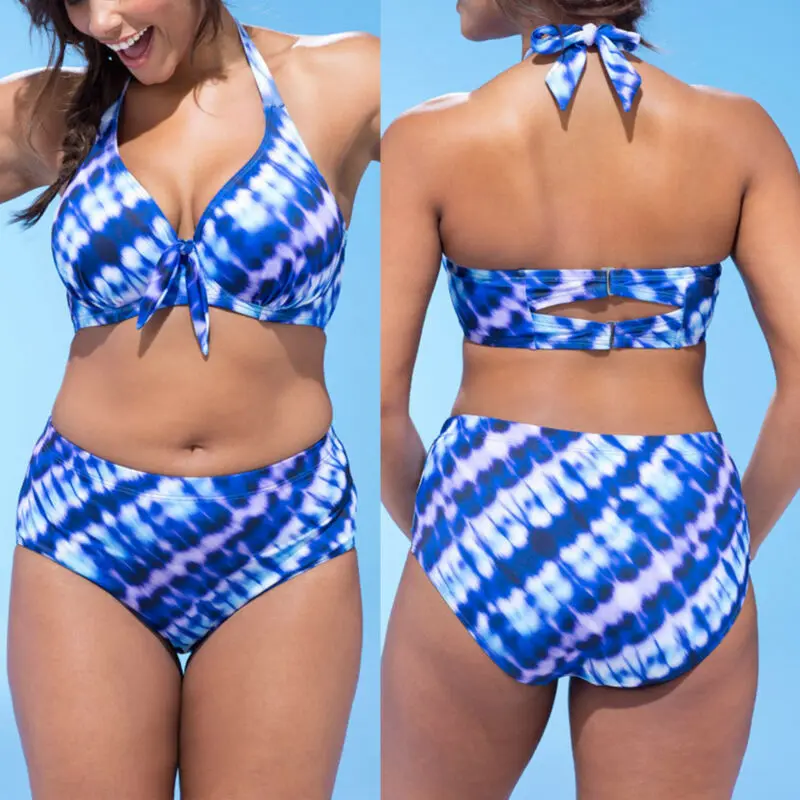 

Woman Blue Large Size Swimsuit Halter Print Padded Swimwear Summer Bikini Plus Size Swimwear Micro Bikini High Waist Beachwear