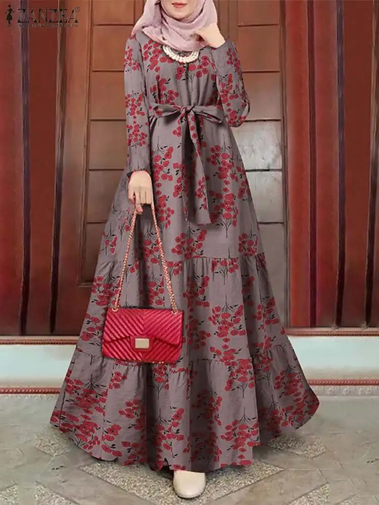 Vintage Floral Muslim Dress ZANZEA 2022 Women Sundress Printed Turkey Abaya Hijab Vestidos Female Autumn Robe Islam Clothing