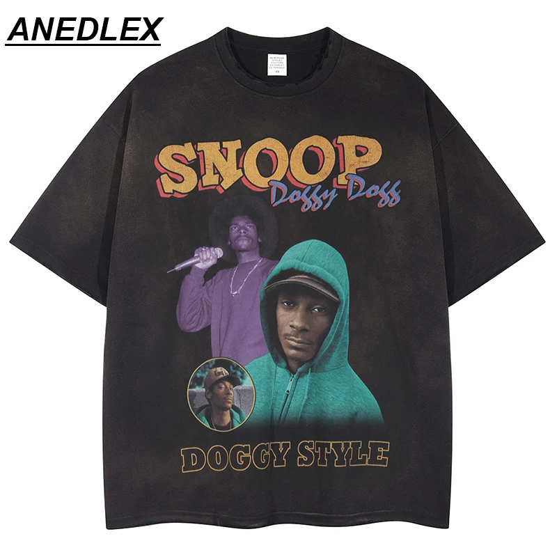 

2022 Summer Washed T-Shirt Rapper Portrait Graphic Printed T Shirt Men Cotton Oversized Tees Hip Hop Streetwear Vintage T-shirt