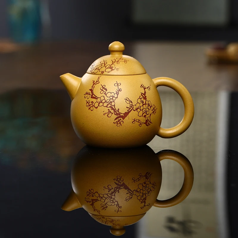 

250ML Real Handmade Yixing Teapot Wintersweet Pattern Raw Ore Duan Mud Clay Kettle Golden Teaware Kun Fu Zisha Pu'er Tea Pot