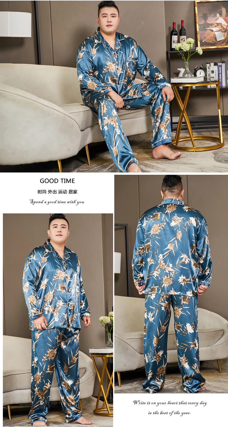 5XL Plus Size 175 KG Print Floral Stain 2 Piece Pajamas Set Men Autumn Long Sleeve Shirt and Pants for Man Loungewear Outfits