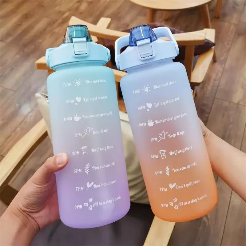 

2L Large Capacity Water Bottle DrinkingCup With Bounce CoverTime Scale Reminder Frosted Leakproof Cup For Outdoor Sports Fitness