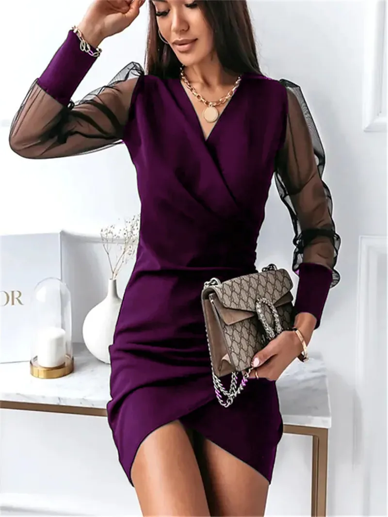 

Women Elegant V Neck Mesh Long Sleeve Party Dress Office Lady Slim A Line Dress 2023 Spring Female Solid Dress Vestidos