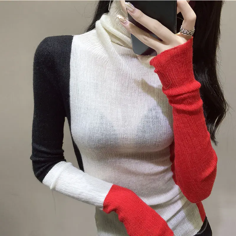 

2022 Spring Autumn Fashion Women's Clothing Turtleneck Solid Splicing Sweater Female Knitted Casual All-match Commute Pullovers