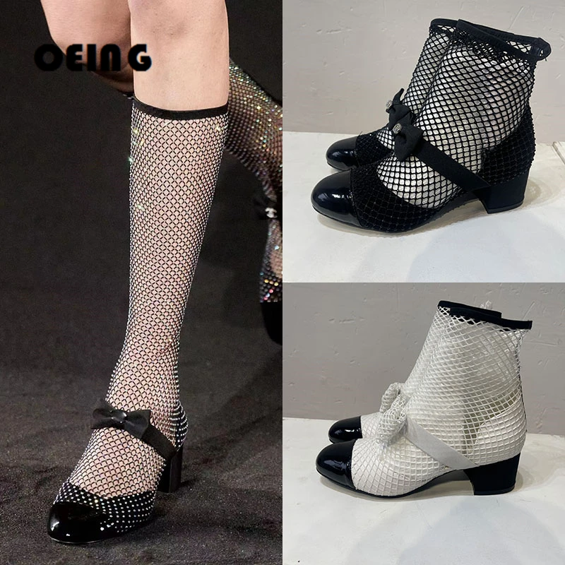 

Women Crystal Mesh Knee High Boots Elegant Style Round Toe Chunky Heels Boots Comfort Mid Heels Shoes Fashion Botas De Mujer 43