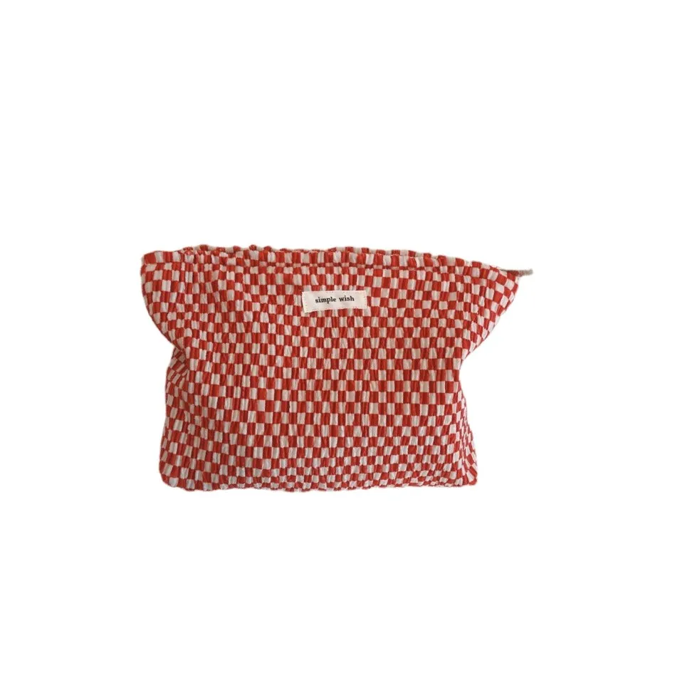 1 Pc Women Red Plaid Cosmetic Bag Travel Large Cotton Makeup Bag Beauty Case Storage Organizer Clutch Toiletry Kit Handbag