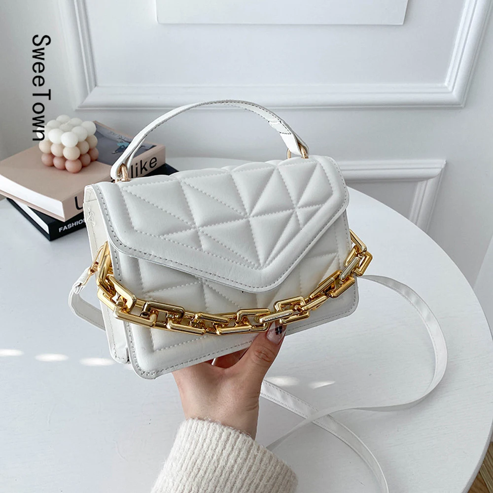 

Sweetown 2022 New Women Chain Small Cross Body Bag Female Leather Shoulder Square Solid Bag Luxury Flap Messenger Bag