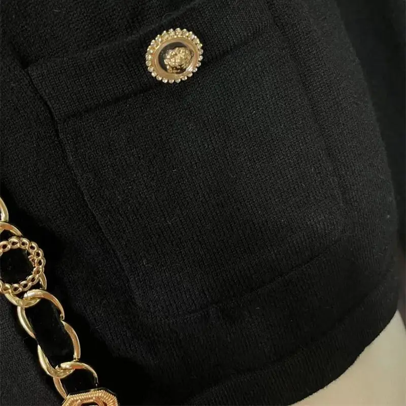 luksusowy metalowy łańcuszek kaszmirowy sweter damski z długim rękawem Vintage guziki dzianinowy wełniany płaszcz elegancki top biurowy J809