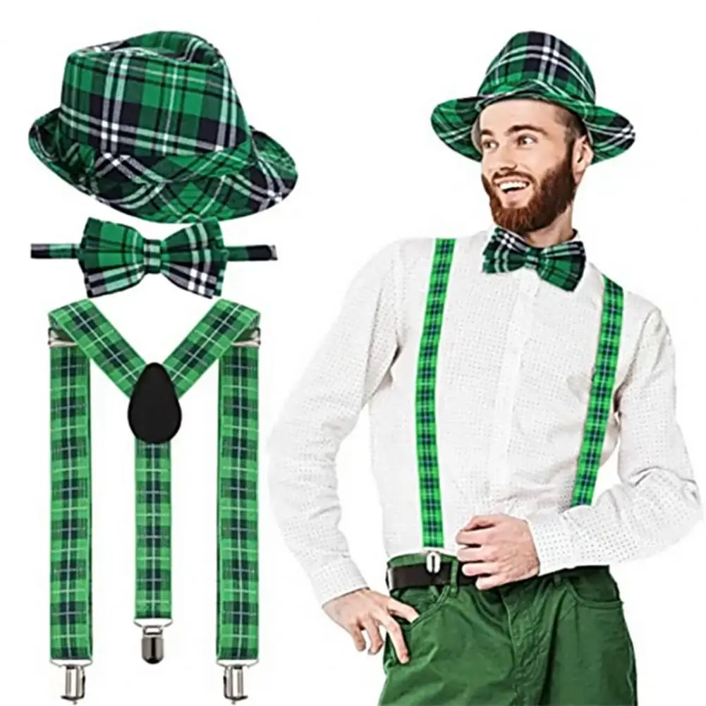 

Irish Festival Costume Hat Plaid Green Colorfast Cosplay with Brim Saint Patrick Day Accessories Shamrock Bow-knot Suspender