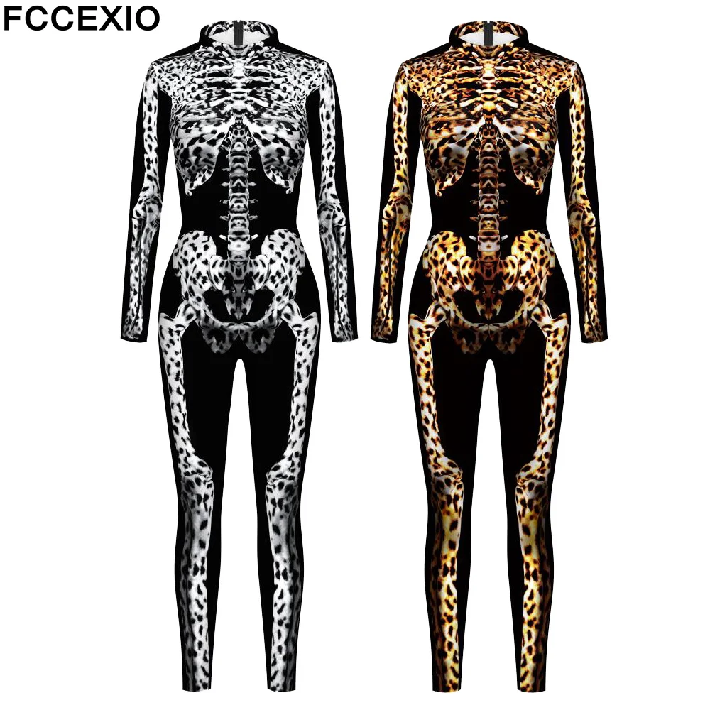 

FCCEXIO Woman Leopard Skeleton 3D Print Costume Halloween Cosplay Zentai Bodysuit Carnival Festival Catsuit Show Party Jumpsuit