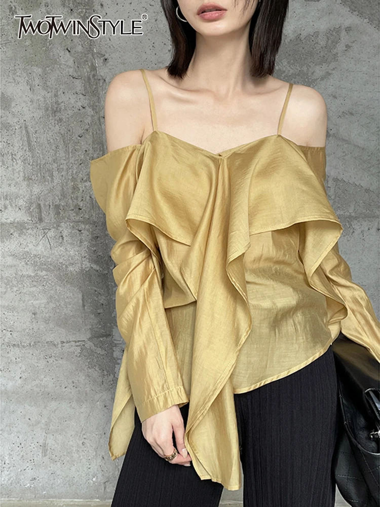 

TWOTWINSTYLE Elegant Solid Shirts For Women Slash Neck Off Shoulder Patchwork Ruffles Casual Blouses Female Korean Fashion Style