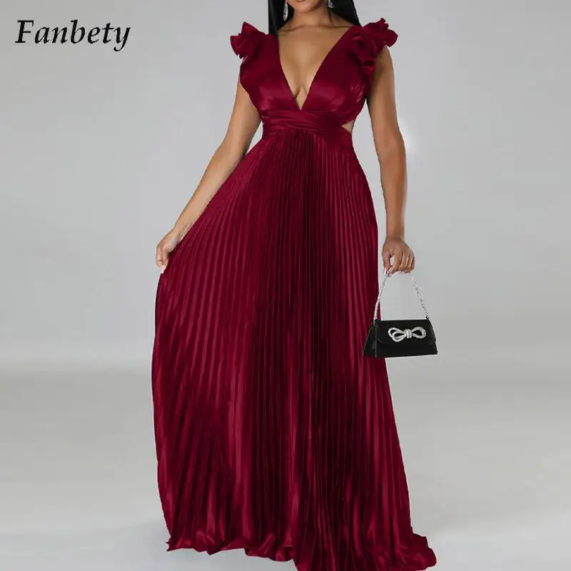 

Элегантное однотонное вечернее платье с глубоким V-образным вырезом, женское модное ажурное плиссированное платье без рукавов, женские сексуальные длинные платья с открытыми плечами