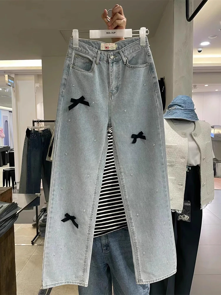 Джинсы с бантом и стразами в стиле пэчворк высокая талия Pantalones Mujer женские