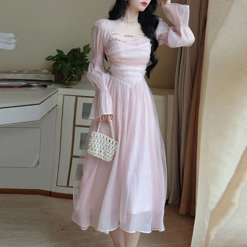 

Женское шифоновое платье-трапеция, розовое платье во французском стиле с квадратным вырезом и длинным рукавом, весна-лето 2023