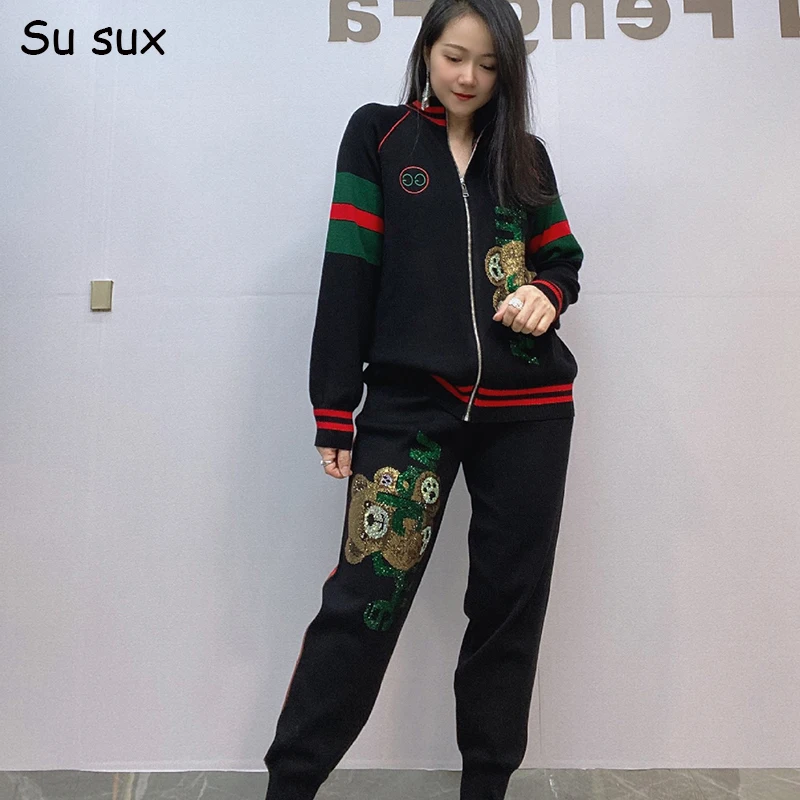 

Трикотажный брючный костюм-карандаш, комплект из 2 предметов, женская одежда, повседневная куртка на молнии с блестками, подходящий комплект, спортивная одежда, новинка, Осень-зима