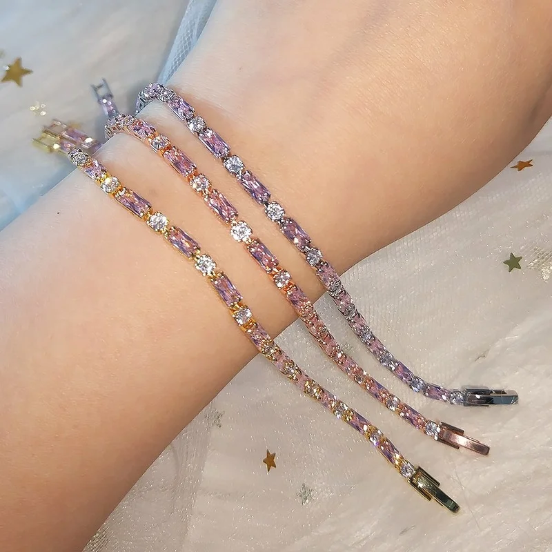 

New Exquisite Romantic Pink Geometry Zircon Bracelets Chain for Women Fashion Jewelry Personality Bangles Wedding Party Gifts