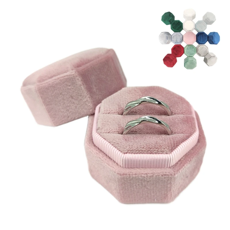 

4XBF Octagon Velvet Ring Box Double Ring Display Holder with Detachable Lid Ring Box Holder for Wedding Ceremony Muilt Color