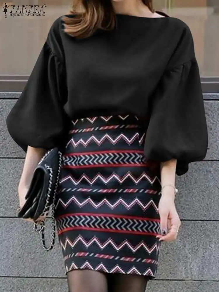

ZANZEA Elegant Women Blouse 2022 Autumn Office Lady Tops Tee Casual Solid Puff Sleeve Tunic O-neck Loose Blusa Femme Oversized 1
