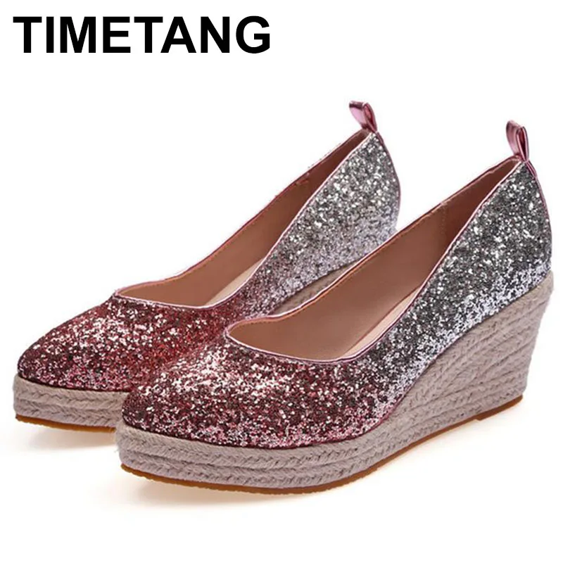 

Pumps Cheap Size 34 2023 Wedge Platform Women Slip On 3 Inch Pointed Toe Black Peach Glitter High Heels Shoes Pink Fashion New