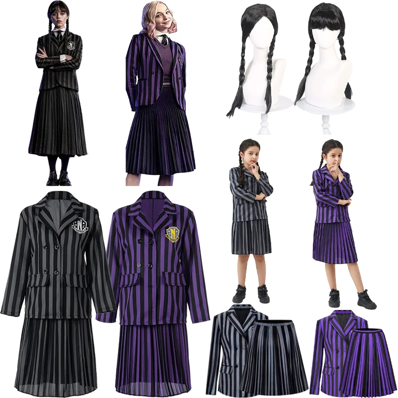 

Addams Wednesday Halloween Costume Kids Girls Adult Family Birthday Party Nevermore Academy Uniform Clothes Hand Wig Cosplay