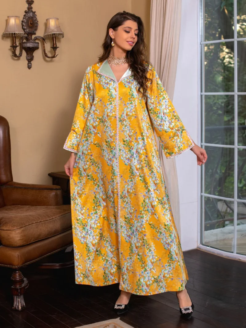 Eid Muslim Women Dress Abaya Morocco Party Dresses Abayas Floral Lapel Prayer Long Sleeve Robe Ramadan Musulman Maxi Vestidos