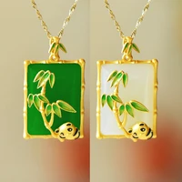 fashion jewelry chinese style ancient gold plated enamel craft inlaid natural white stone pendant necklace giant panda pattern