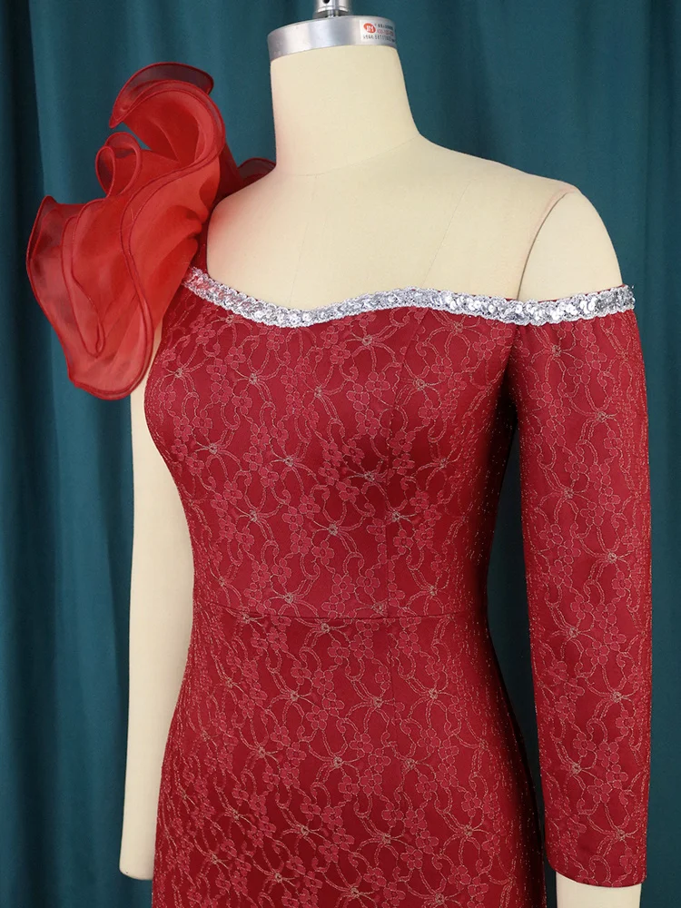 

Женское платье с открытыми плечами, длинное бордовое кружевное платье с одним рукавом и оборками в несколько рядов, для выпускного вечера, ...