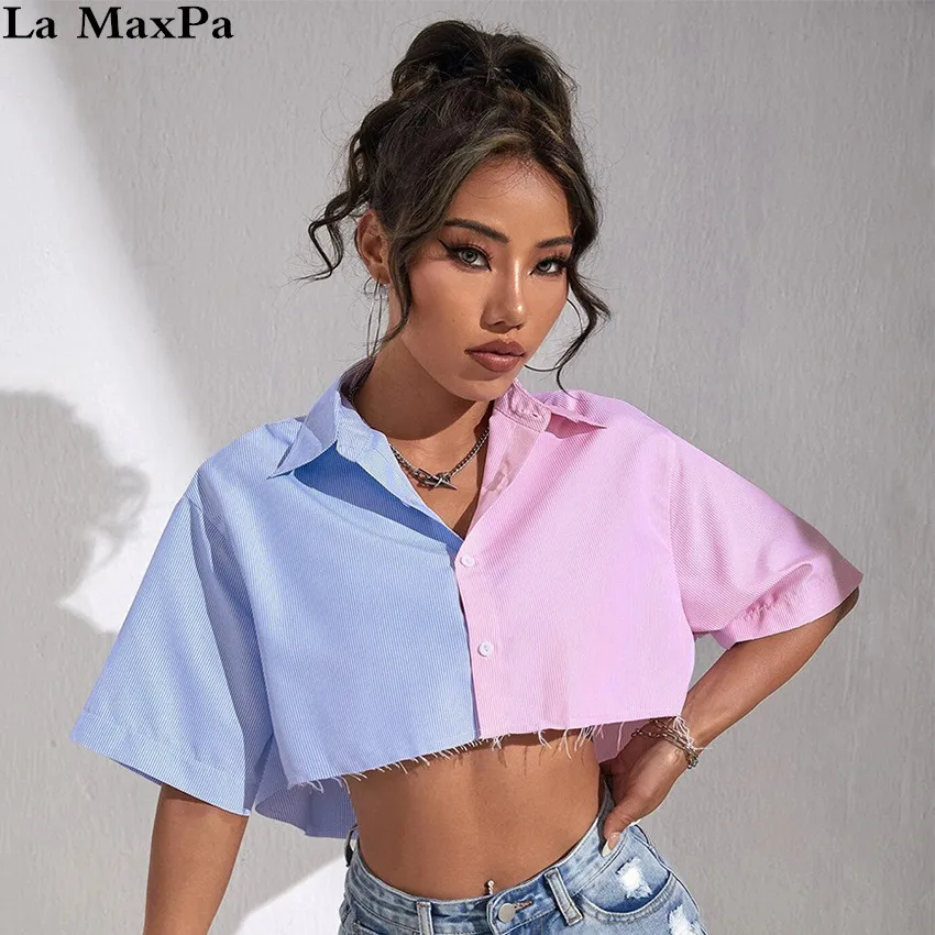 Chic Ladies Contrast Colors Short Shirts Summer Half Sleeves Turn Down Stripes Buttons Simple Women Blouse Party 2022