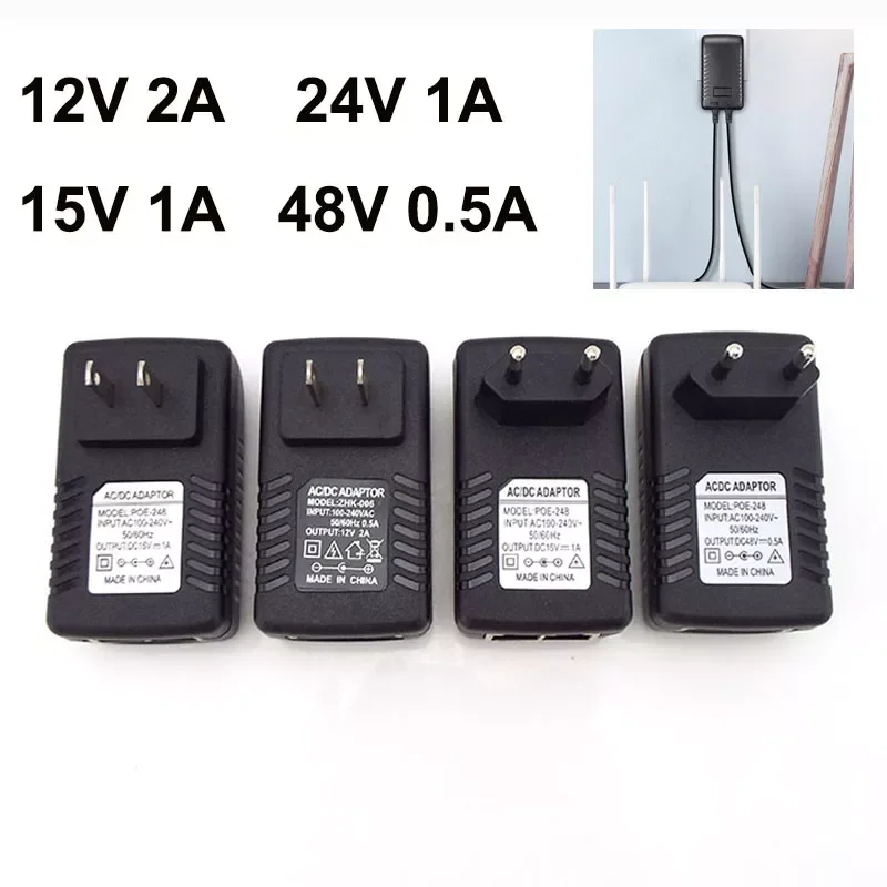 

2023NEW AC 220V DC 12V 2A 48V 0.5A 24v 1A 15V 1A 24W POE Power Supply Injector Adapter plug Over Ethernet EU/US Wall Plug CCTV I