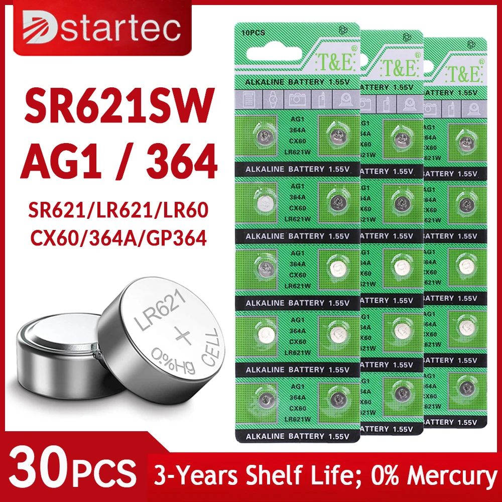 

DStartec 30PCS AG1 Coin Battery LR621 364 Button Cell Coin Alkaline Battery 1.55V SR621SW 364A L621 for Watches Toys No Mercury