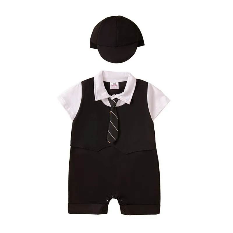 

Newborn Baby Boy Gentleman Romper Summer Patchwork Short Sleeve Tuxedo Jumpsuit Clothes with Hat Bowtie/Necktie 0 to 12 Months