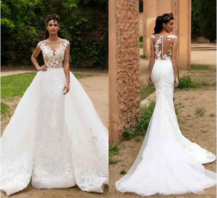 

New Mermaid Wedding Dress Illusion Sleeveless 2 in 1 Design Detechable Train 3 ways to Wear Style Wedding Dresses W0326