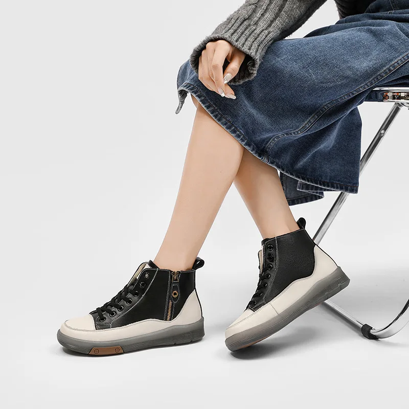 Women's Boots Genuine Leather Spring 2023 New Casual Shoes British Style High Top Board Shoes Small White Ankle Boots Women