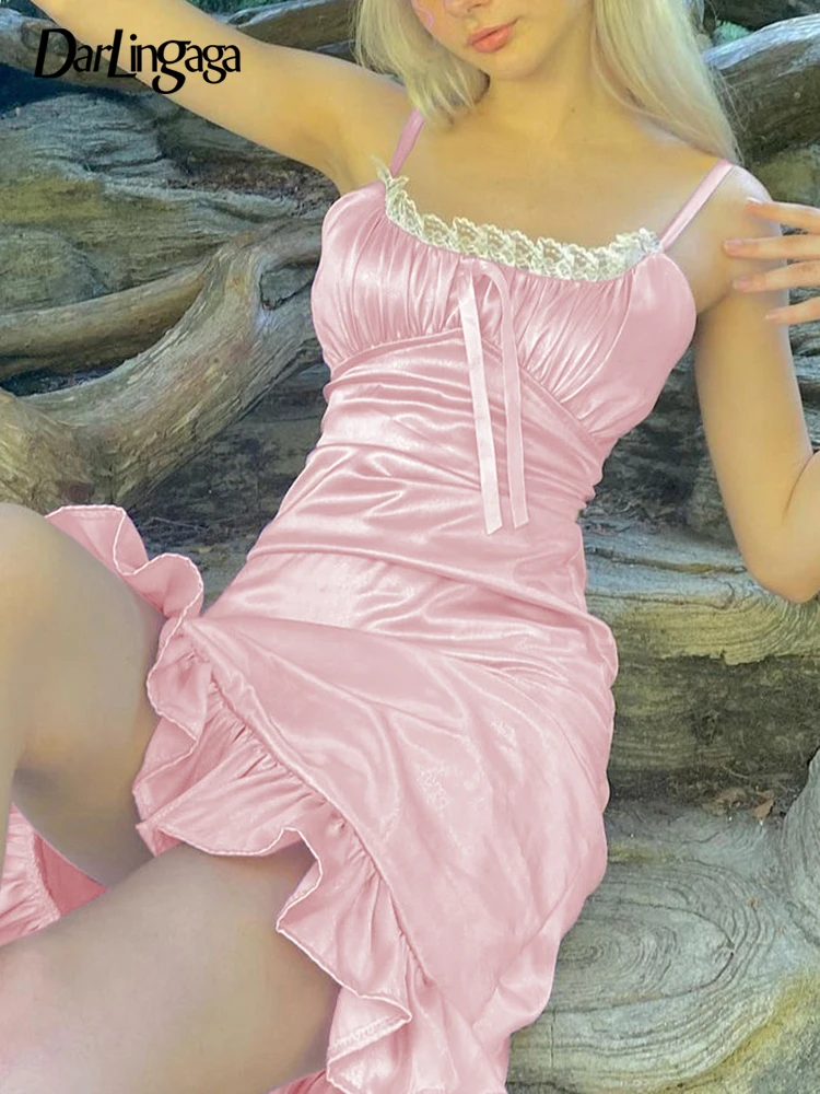 

Darlingaga Harajuku Spaghetti Strap Pink Lace Trim Sundress Women's Dress Bow Ruched Fashion Sweet Ruffles Party Dresses Elegant