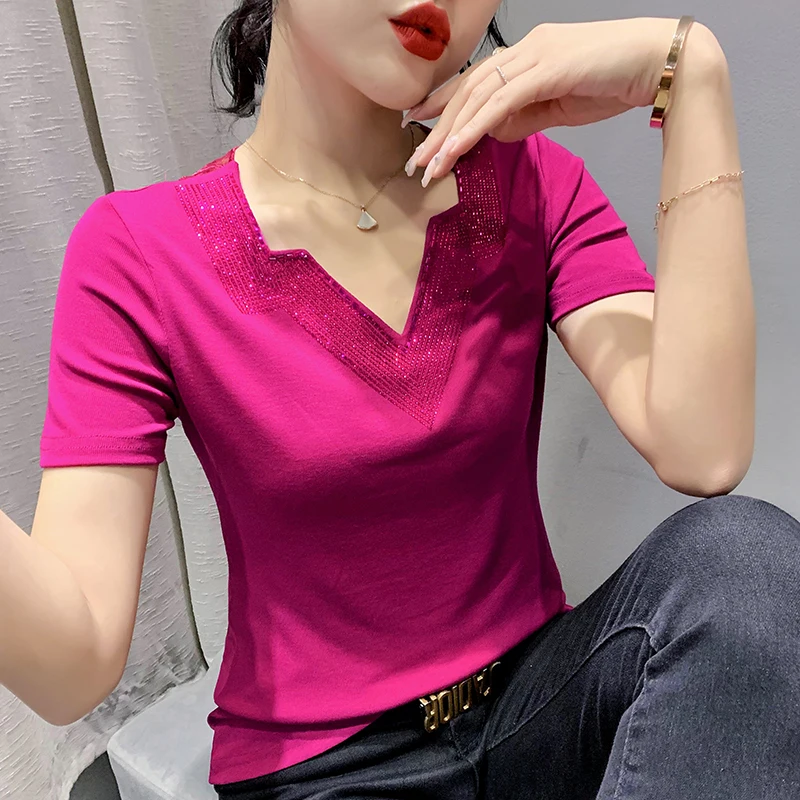 

2022 Summer New Short Sleeved V-Neck Women's T-Shirt Fashion Casual Hot Diamond Solid Color Mesh Tops Blusas