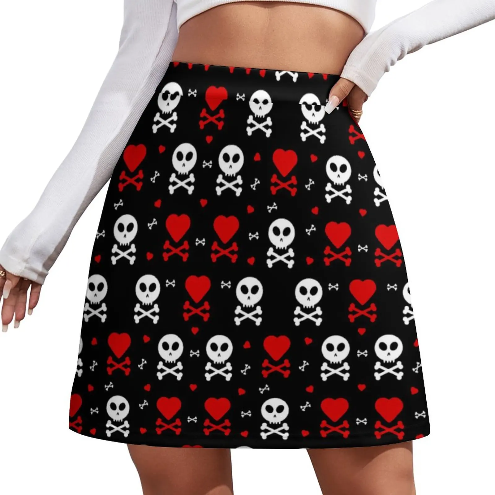 

Юбка-мини с забавными сердечками и черепами, Современная Повседневная Уличная мини-юбка с завышенной талией, с косточками, 2XL 3XL 4XL, на лето