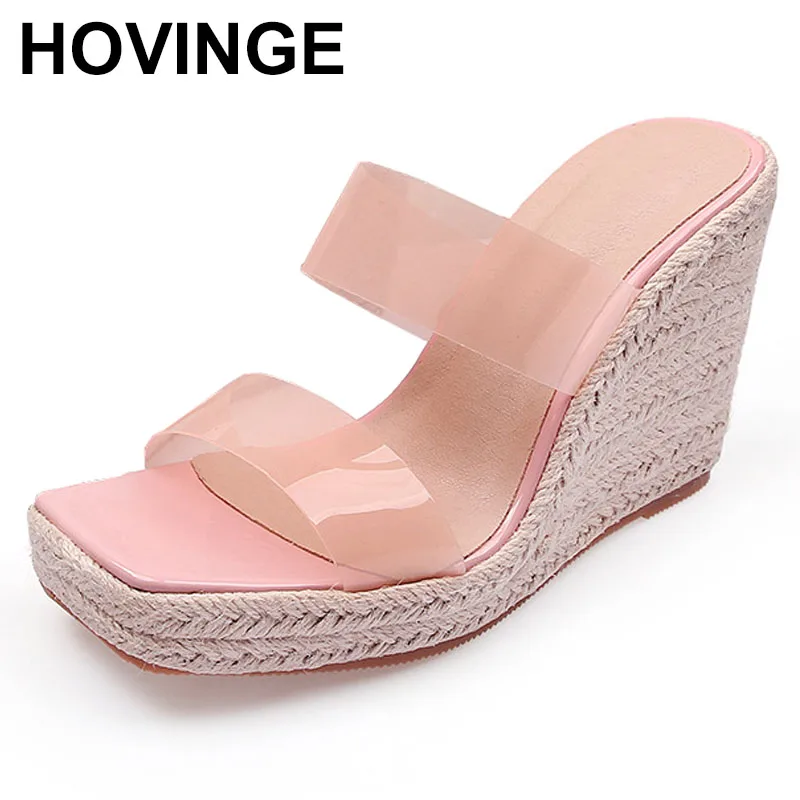 

2023 Summer PVC Transparent Peep Toe Cane Straw Weave Slippers Platform Wedges Sandals Women Fashion High Heels Female Shoes