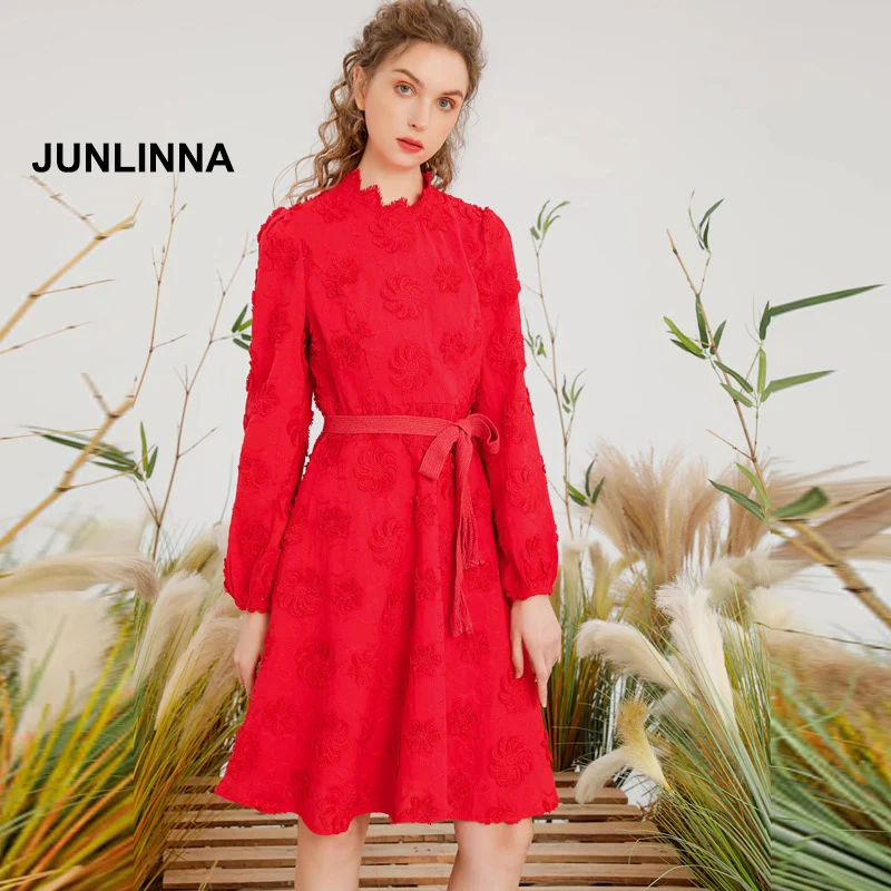 

JUNLINNA Fashion Designer Women Embroidery Dress Pure Colour 2022 Spring Summer New Princess Vestidos Sashes Sliming Dresses